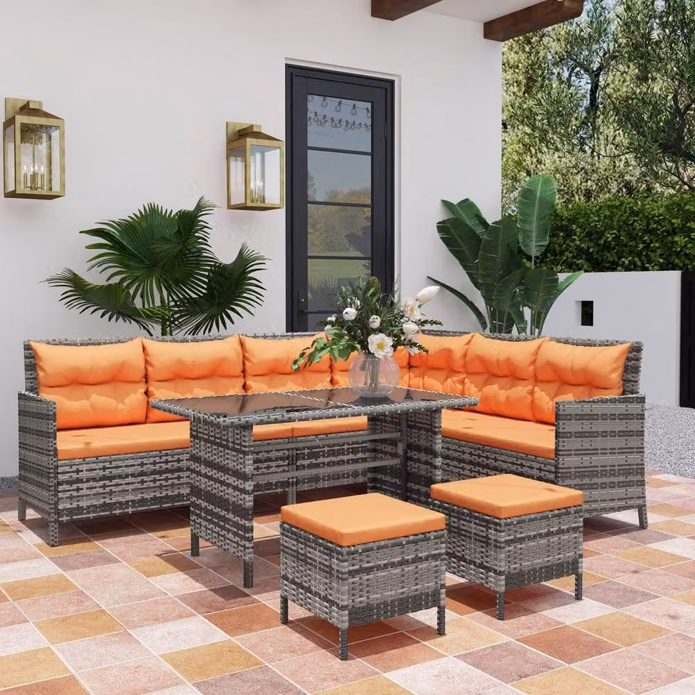 Wyld Haus Tasu 7 Seater Rattan Outdoor Corner Sofa Set with Orange and Grey Cushions – 7