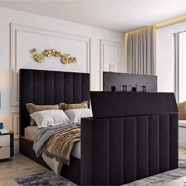 Paradies Bespoke Modern Upholstered TV Bed Frame in Black Velvet Fabric