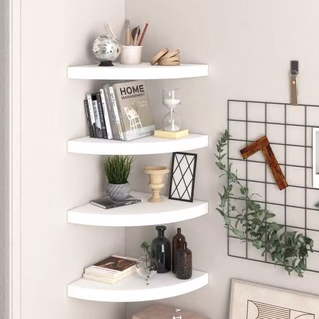 Berkfield Home White Floating Corner Shelves, 4 Piece MDF and Metal Set, W/D/H: 35 x 35 x 3.8 cm – 1