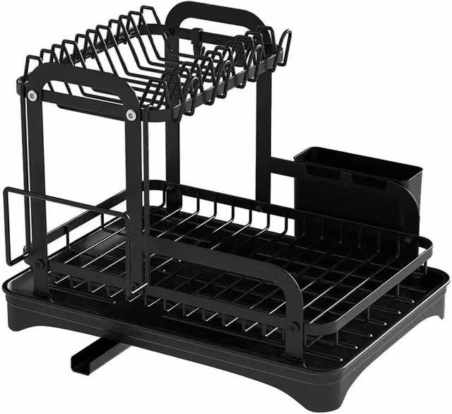 Kelvenix 2 Tier Dish Drainer Rack with Drip Tray, Cutlery Holder and Cup Holder, Black, W: 52 cm, D: 52 cm, H: 32 cm