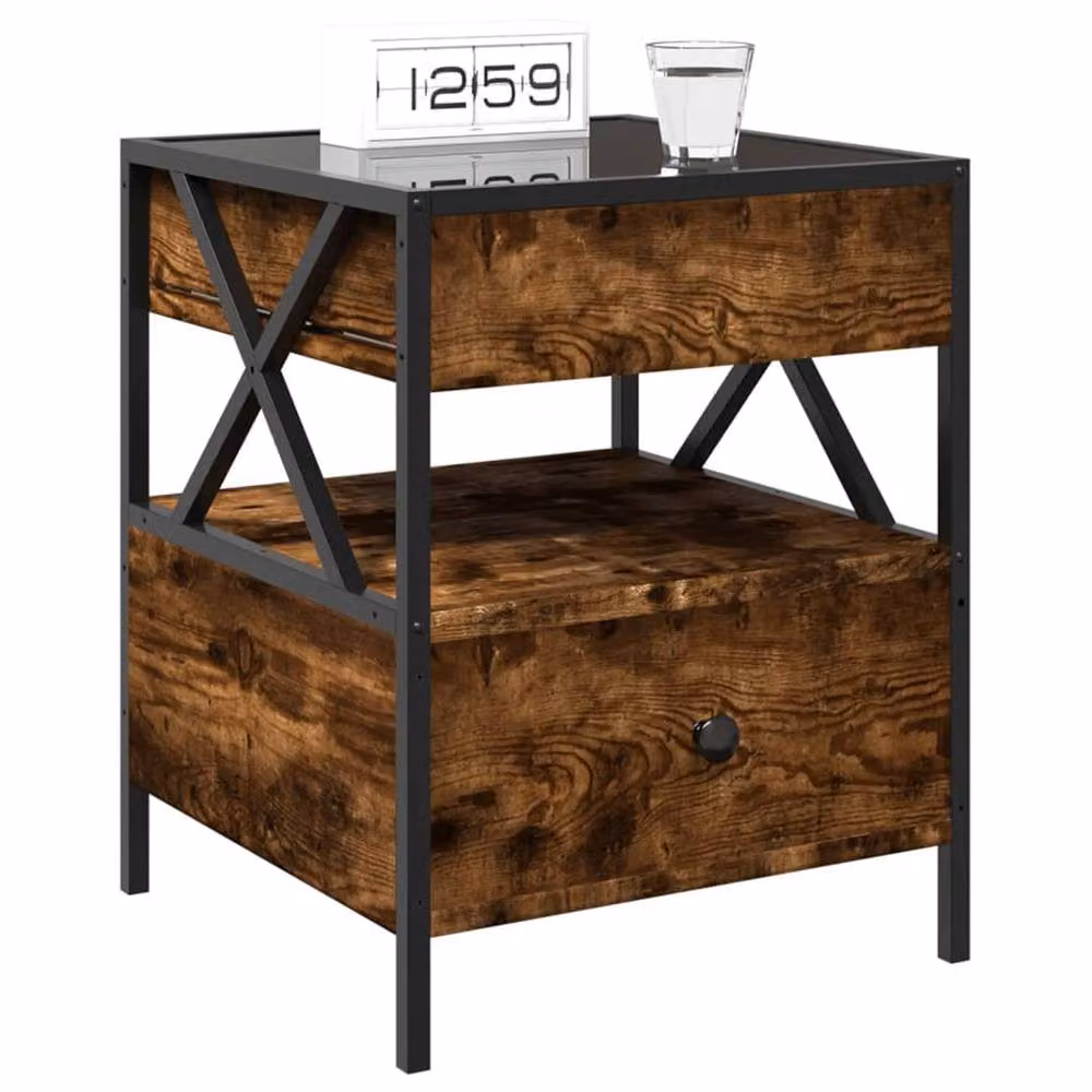 Berkfield Home Infinity LED Bedside Table in Smoked Oak Brown with Mirror Top, W/D/H: 40 x 40 x 51 cm – 3