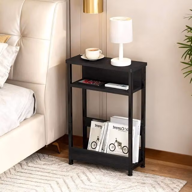 London Boutique 3-Tier Narrow Side Table with Magazine Rack in Black