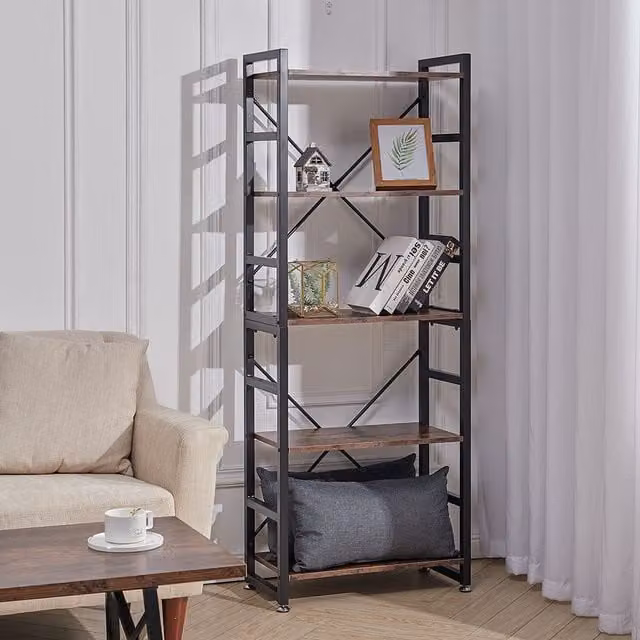 Livingandhome 5-Tier Vintage Open Display Bookshelf with Metal Frame in Brown and Black
