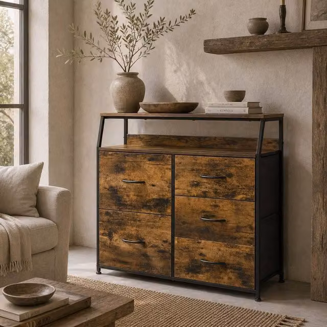 Wyld Haus Rasozi 5 Drawer Industrial Storage Chest in Rustic Brown and Black – 1