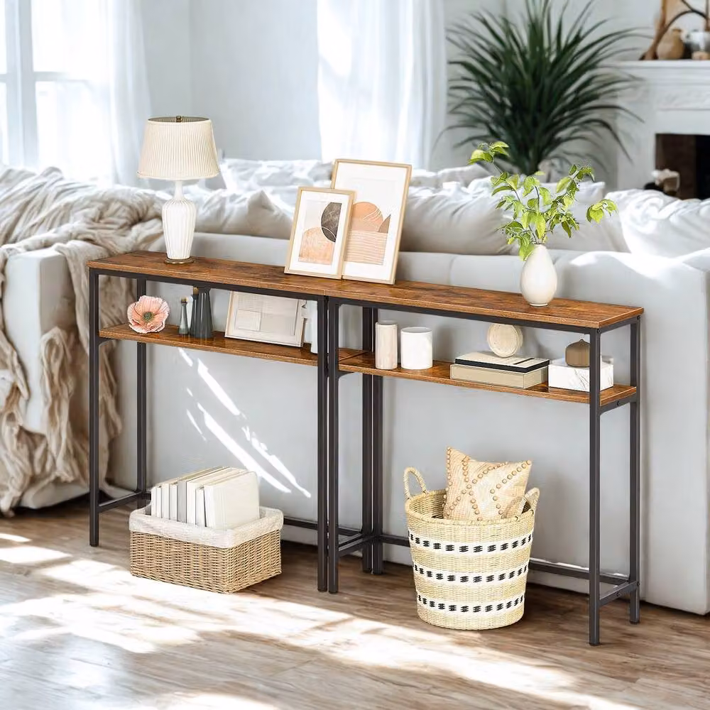 FURNOS 2 Tier Slim Hallway Console Table with Adjustable Shelves, Brown, W/D/H: 80 x 24 x 80 cm – 6