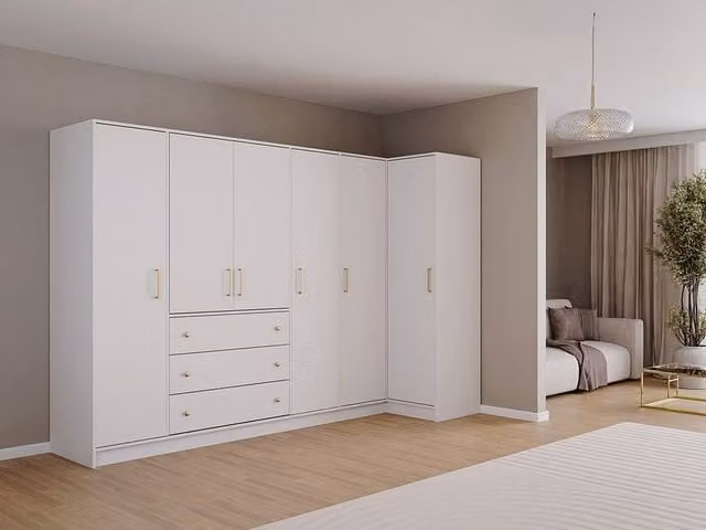 Vente-unique Modern White Corner Wardrobe with 6 Soft-Close Doors and 3 Drawers, W: 311 cm, H: 200 cm, D: 58 cm – 1