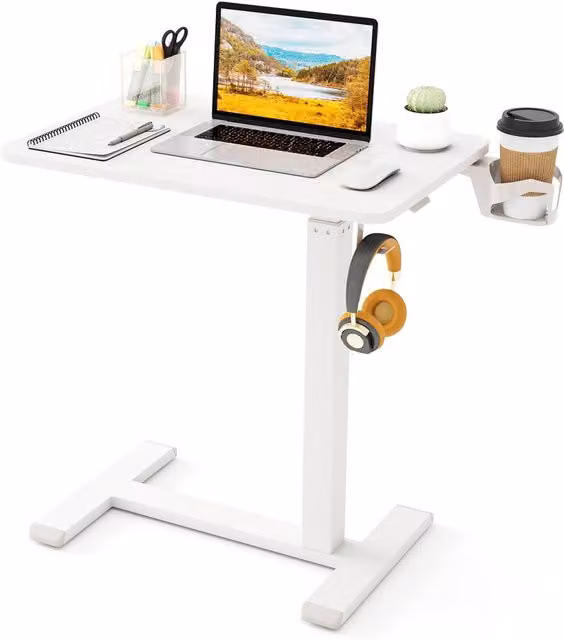 Costway Height Adjustable Mobile Standing Desk and Overbed Bedside Table in White