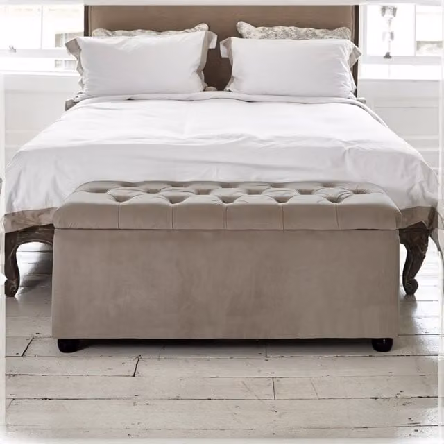 Paradise Furniture UK Chesterfield Ottoman Tufted Storage Box in Beige Velvet and Microfibre