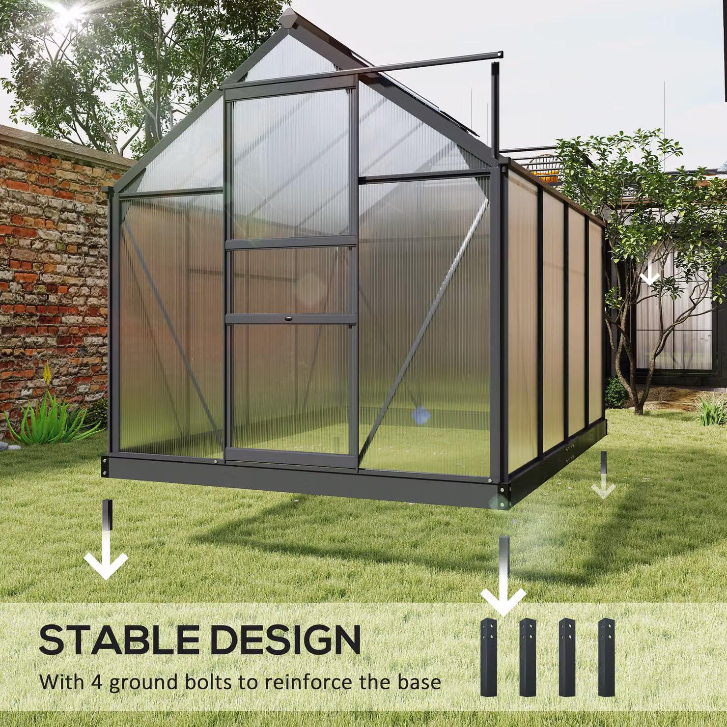 Outsunny Large Walk-In Polycarbonate Greenhouse with Aluminium Frame and Galvanised Base, Transparent, W: 182.88 cm, D: 190 cm, H: 201 cm – 6