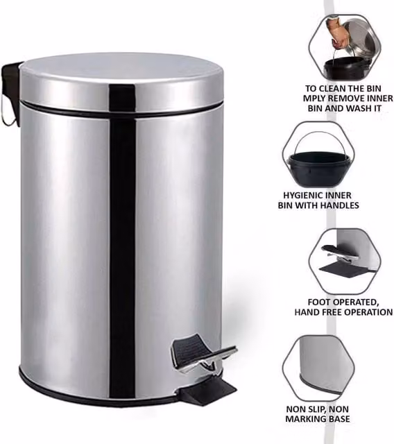 PAWNORA 3 Litre Stainless Steel Pedal Bin with Removable Inner Bucket in Silver – 1