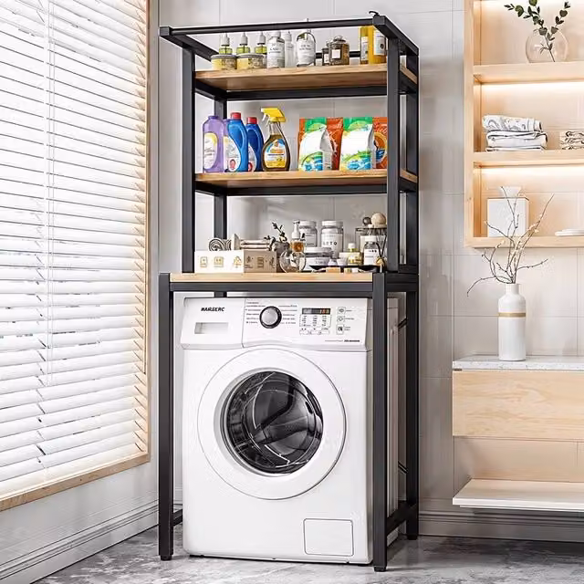 VOGREX Black 3-Tier Wood and Metal Freestanding Over Washer Rack with Adjustable Shelves and Hanging Rod