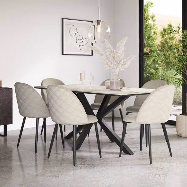 More4Homes Juno Calcutta Gold Ceramic Rectangular Dining Table and 8 Raye Beige Velvet Chairs