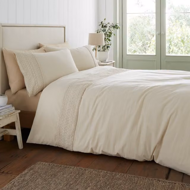 Catherine Lansfield Broderie Anglaise Easy Care Duvet Cover Bedding Set in Beige