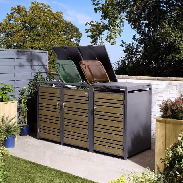 Rowlinson Chelsea Triple Bin Store in Grey Anthracite Steel, W/D/H: 200.5 x 81 x 116.5 cm – 1