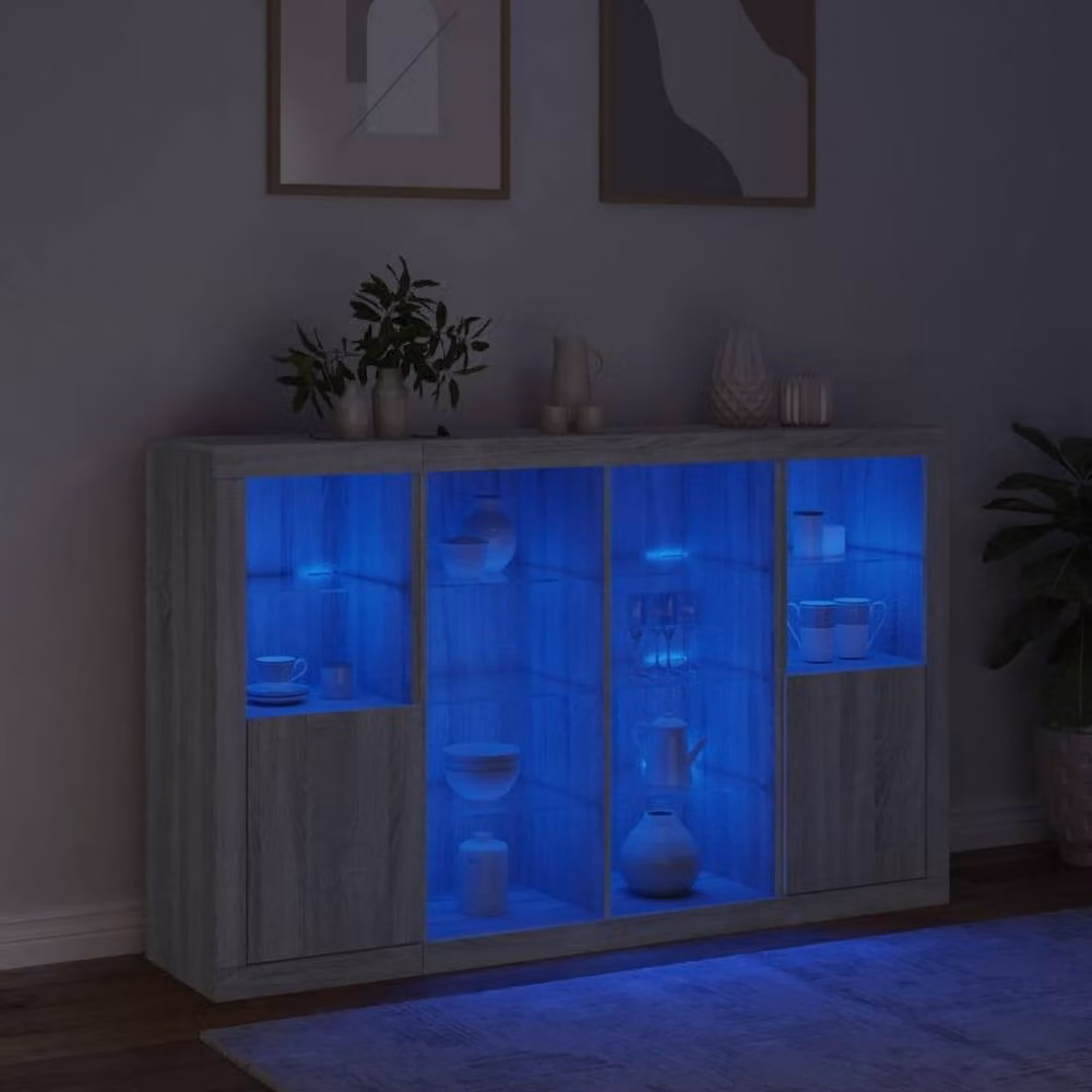Berkfield Home Set of 3 Modern Grey Sonoma Sideboards with Integrated LED Lighting and MDF Construction – 3