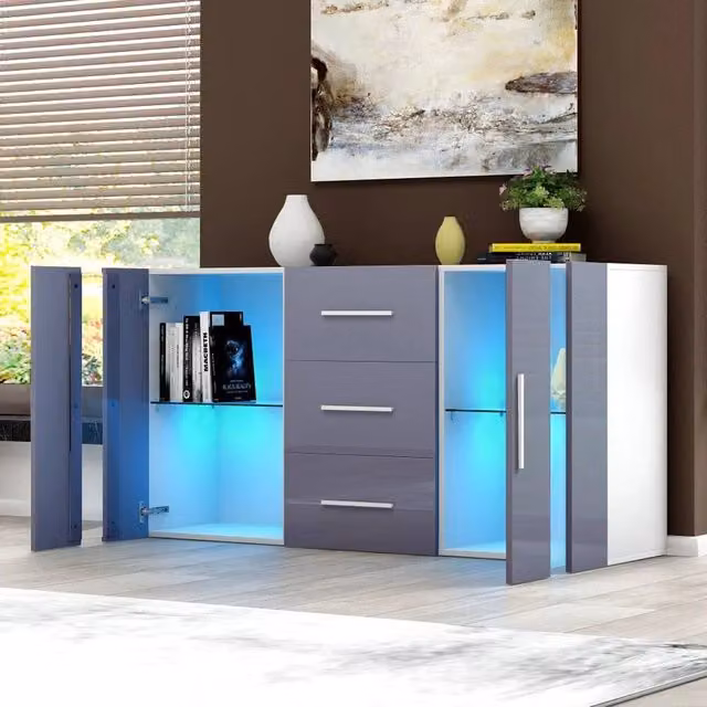 FORGEVIO Modern Freestanding Storage Cabinet with Hinged Doors in White Matt and Grey High Gloss