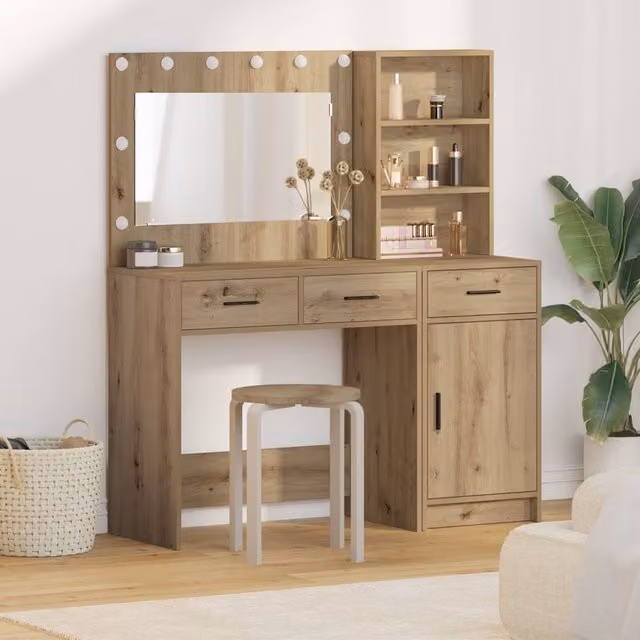 Berkfield Home 2 Piece Modern Dressing Table Set with LED Hollywood Mirror in Brown Artisan Oak Wood