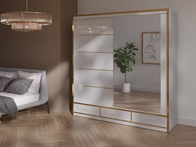 RAC3 Modern White Glossy Sliding Wardrobe with Mirror, Integrated LED Lighting and Drawers