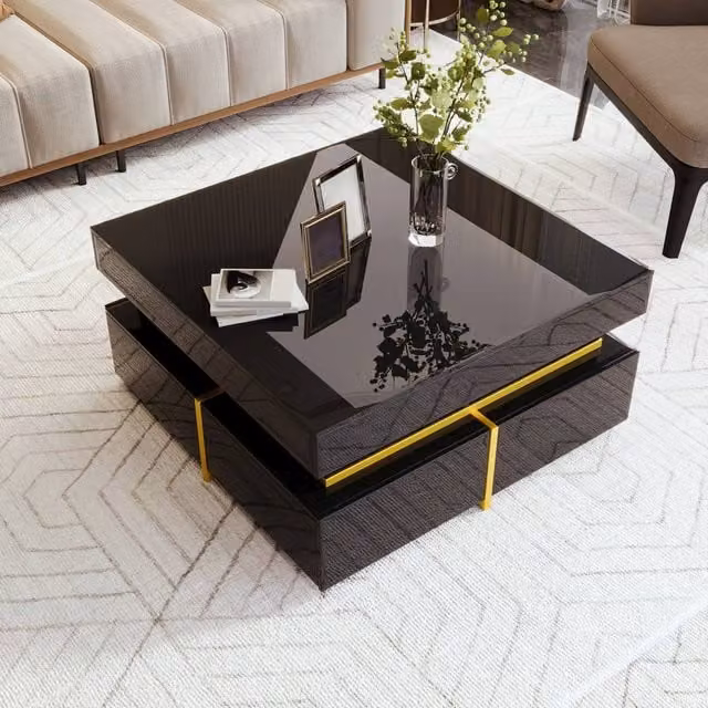 ModernLuxe Black and Gold Coffee Table with Drawers and Glossy Finish, W/D/H: 70 x 35.5 x 60 cm