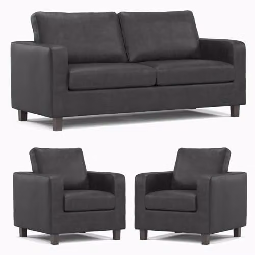 Furnishings For Less UK York 3 Piece Sofa Suite in Black Faux Leather, including 1 x 3 Seater Sofa and 2 x Armchairs