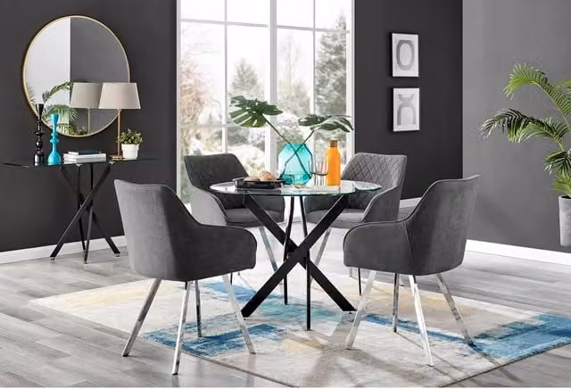 FurnitureboxUK Novara Round Glass Dining Table with 4 Falun Silver Leg Chairs in Black and Dark Grey