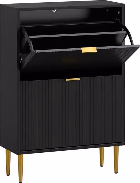 HOMCOM Modern Narrow Shoe Cabinet with 2 Tilting Compartments and Internal Shelves, Black and Gold