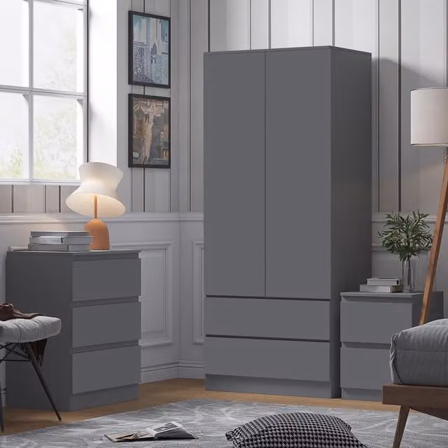 FWStyle Modern Handleless Combination Wardrobe with 2 Doors and 2 Drawers in Dark Matt Grey