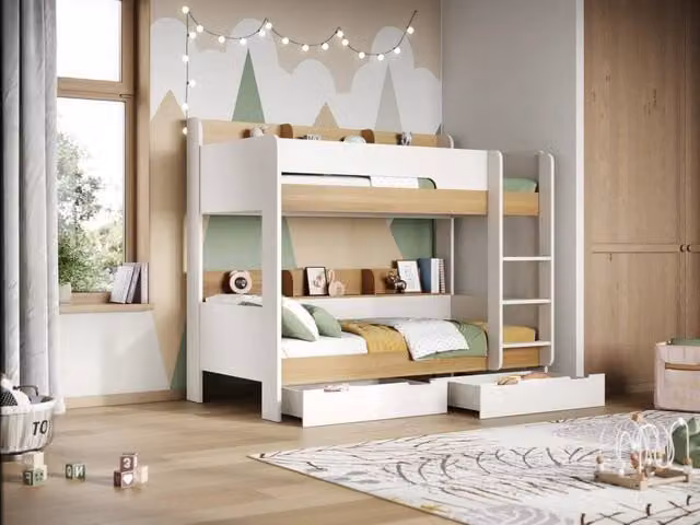 Flair Eddie Solid Wood Two-Level Storage Bunk Bed with Drawers in Oak and White, W/D/H: 90 x 190 x 170 cm