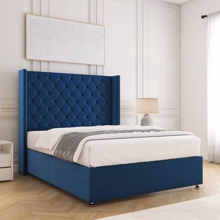 BSSPOKE Winchester Double Divan Bed in Blue Plush Velvet with 54 inch Headboard, W/D/H: 140 x 200 cm