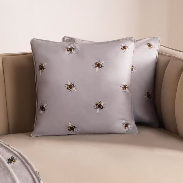 OHS Pack of 2 Grey Matte Velvet Bee Cushion Covers with Graphic Animal Design