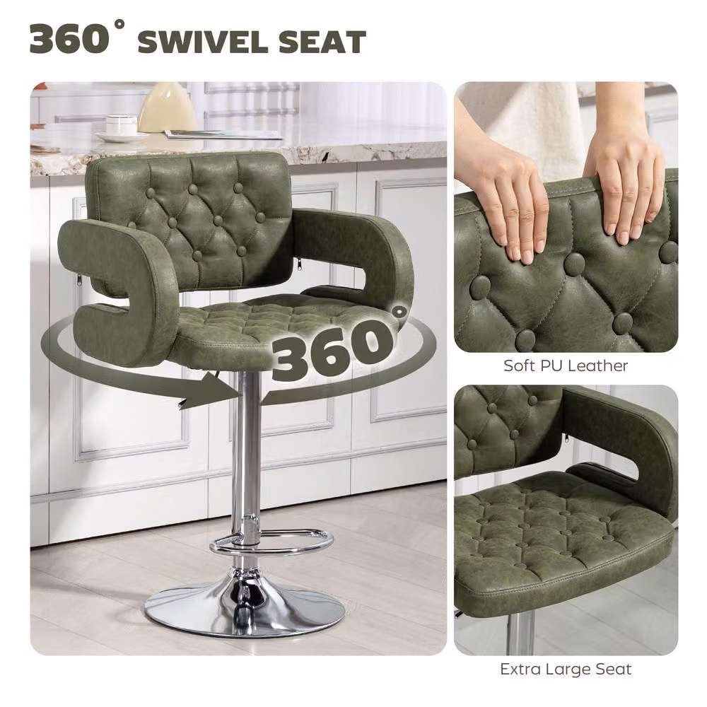 STILVORA Height Adjustable Swivel Bar Stool in Green Synthetic Leather with Armrests – 5