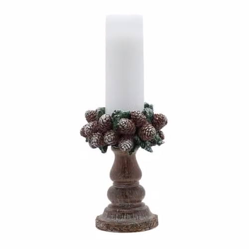 Widdop and Co Christmas Candlestick with Cones Design in Brown and Green Wood