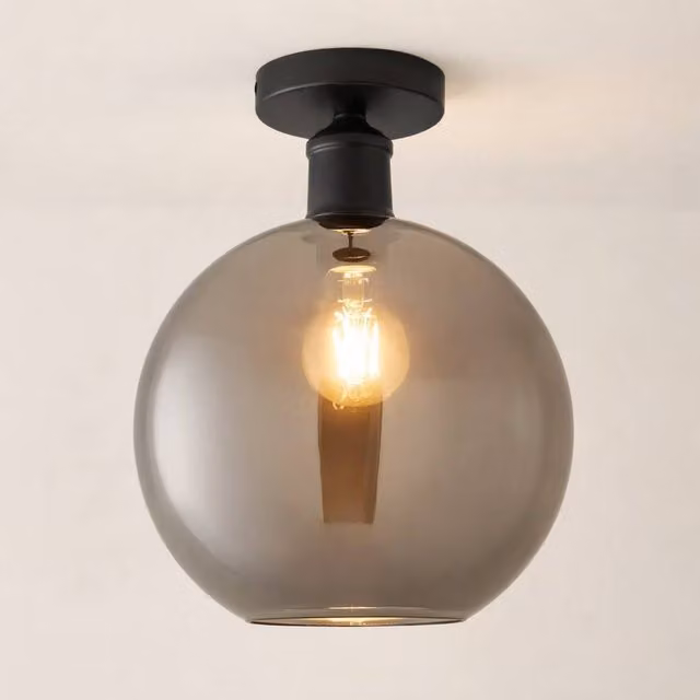 ValueLights Bellamy Modern Smoked Glass Globe Flush Ceiling Light in Black
