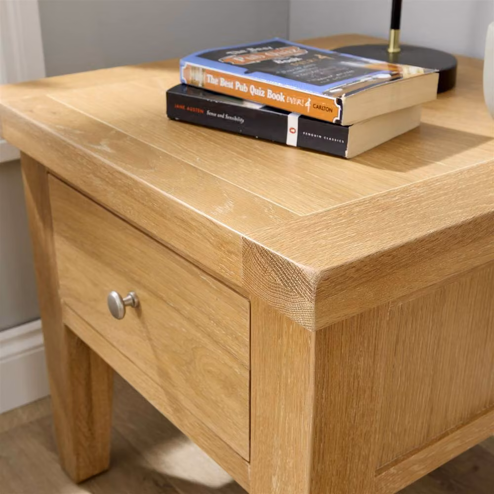 Home Source Solid Wood 1 Drawer Bedside Cabinet with Oak Top in Light Oak – 2
