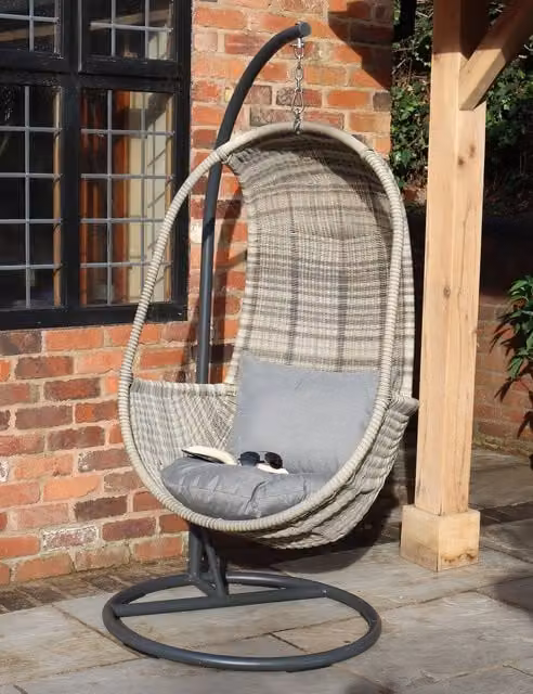 Royalcraft Wentworth Rattan Hanging Egg Pod Chair with Stand and Cushions in Beige and Grey