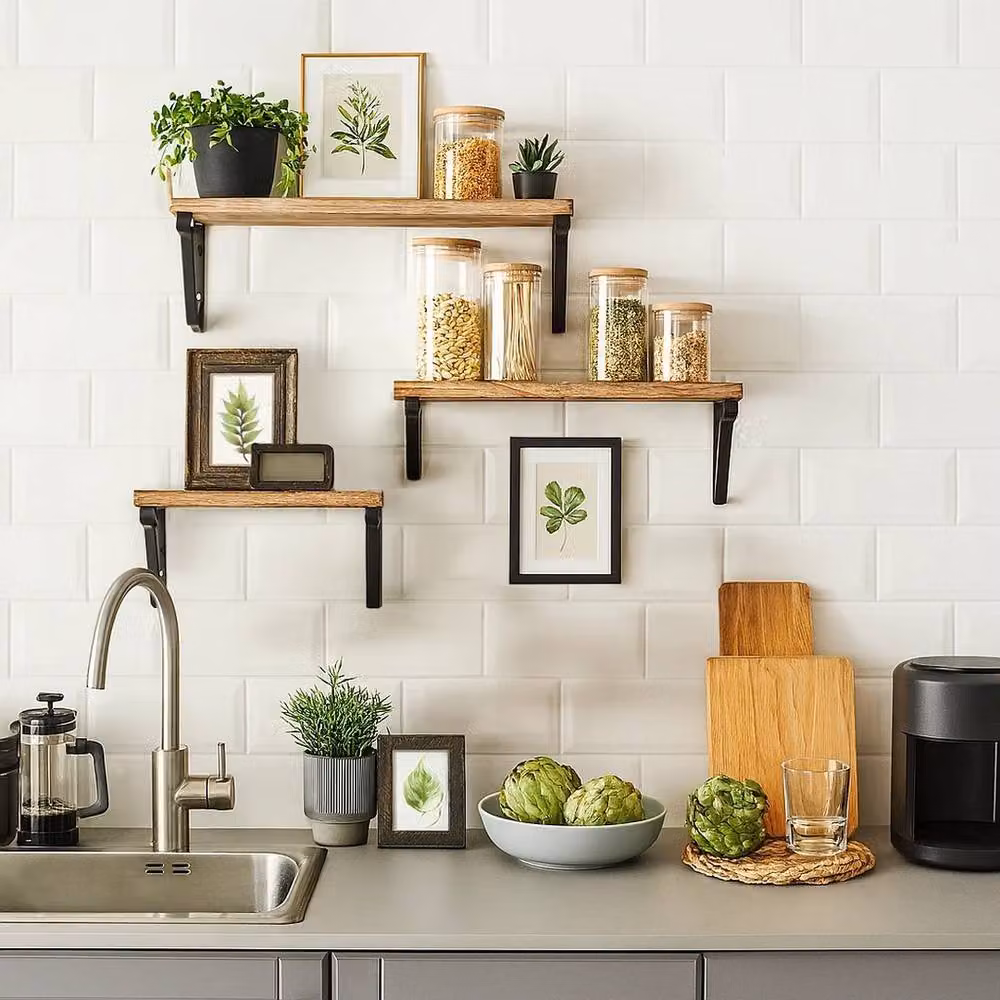 NESTLUNE 3 Pack Rustic Brown Wooden Floating Wall Mounted Shelves, W: 100 cm, D: 15 cm – 2