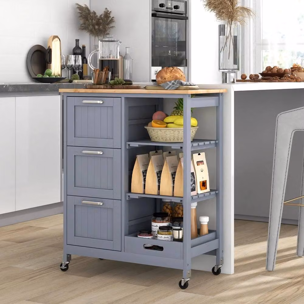 FORGEVIO Grey Utility Kitchen Island Rolling Cart with Lockable Wheels and Wood Top – 2