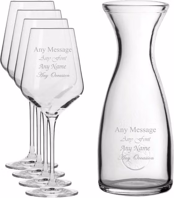 Uniqueful Personalised Engraved Set of 4 Infinity Wine Glasses and 1 Litre Carafe in Clear Glass