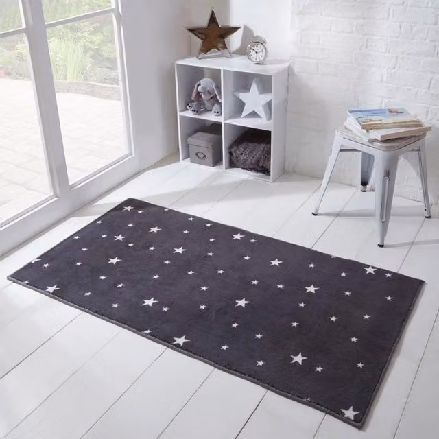 Dreamscene Star Print Anti-Slip Rectangular Rug for Childrens Rooms in Grey, Width: 150 cm