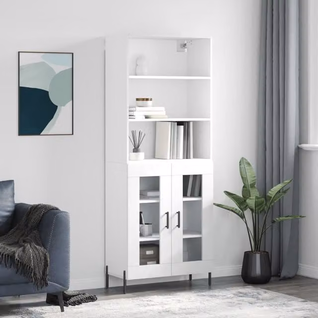 Berkfield Home Modern White Highboard with Glass Doors, W/D/H: 69.5 x 34 x 180 cm