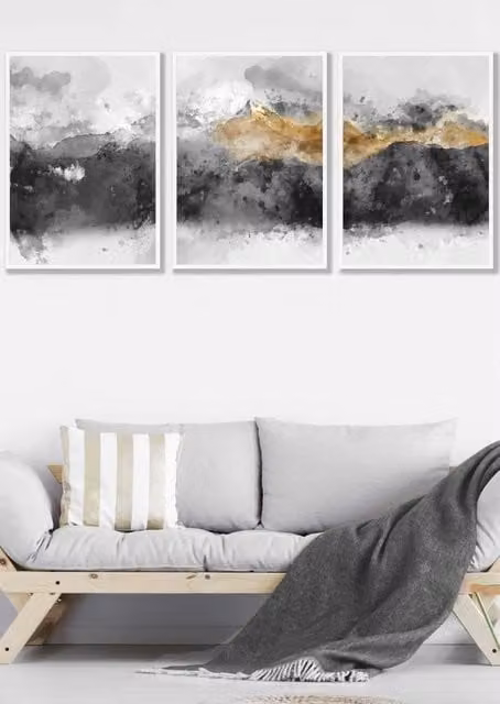 ARTZE Abstract Grey, Yellow and White Mountain Landscape Framed Wall Art, W: 53 cm, H: 73 cm, D: 0.2 cm – 1