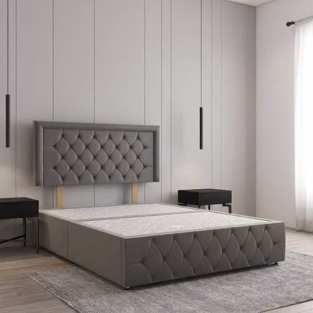 Regional Furnishings Single Divan Bed in Grey Plush Velvet with 24 inch Headboard and Footboard, W/D/H: 90 x 190 cm