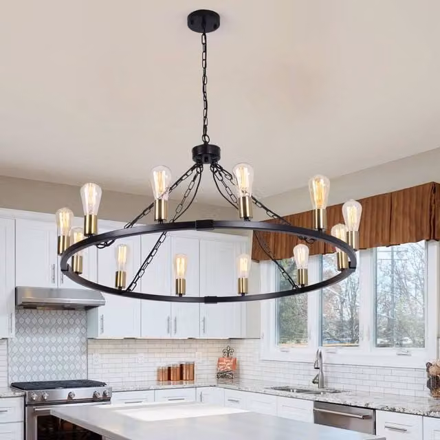 NIVOR Black Metal Waggon Wheel Chandelier, Adjustable 12-Light Industrial Pendant for Kitchen and Dining Rooms, E27 – 1