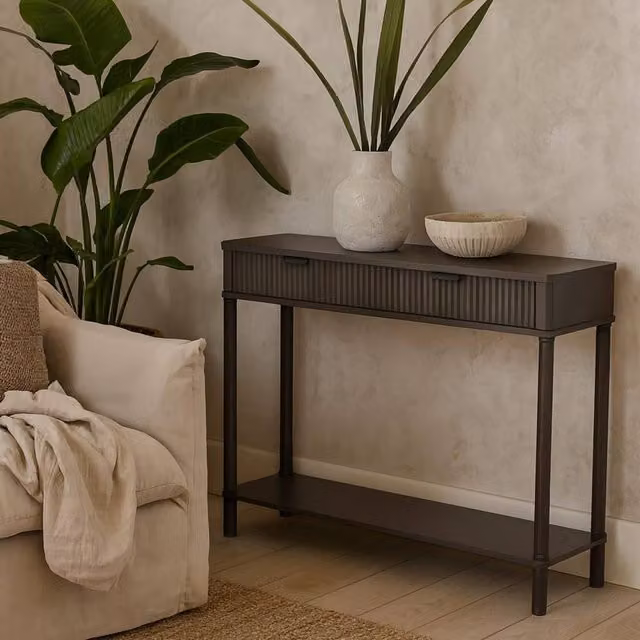 Wyld Haus Sagevale 2 Drawer Ribbed Console Table with Bottom Shelf in Brown, W/D/H: 11.5 x 33.0 x 80.0 cm