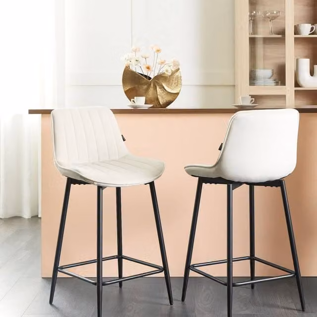 Wyld and Coco Set of 2 Modern Velvet Bar Chairs in Light Beige with Matt Black Steel Legs – 1