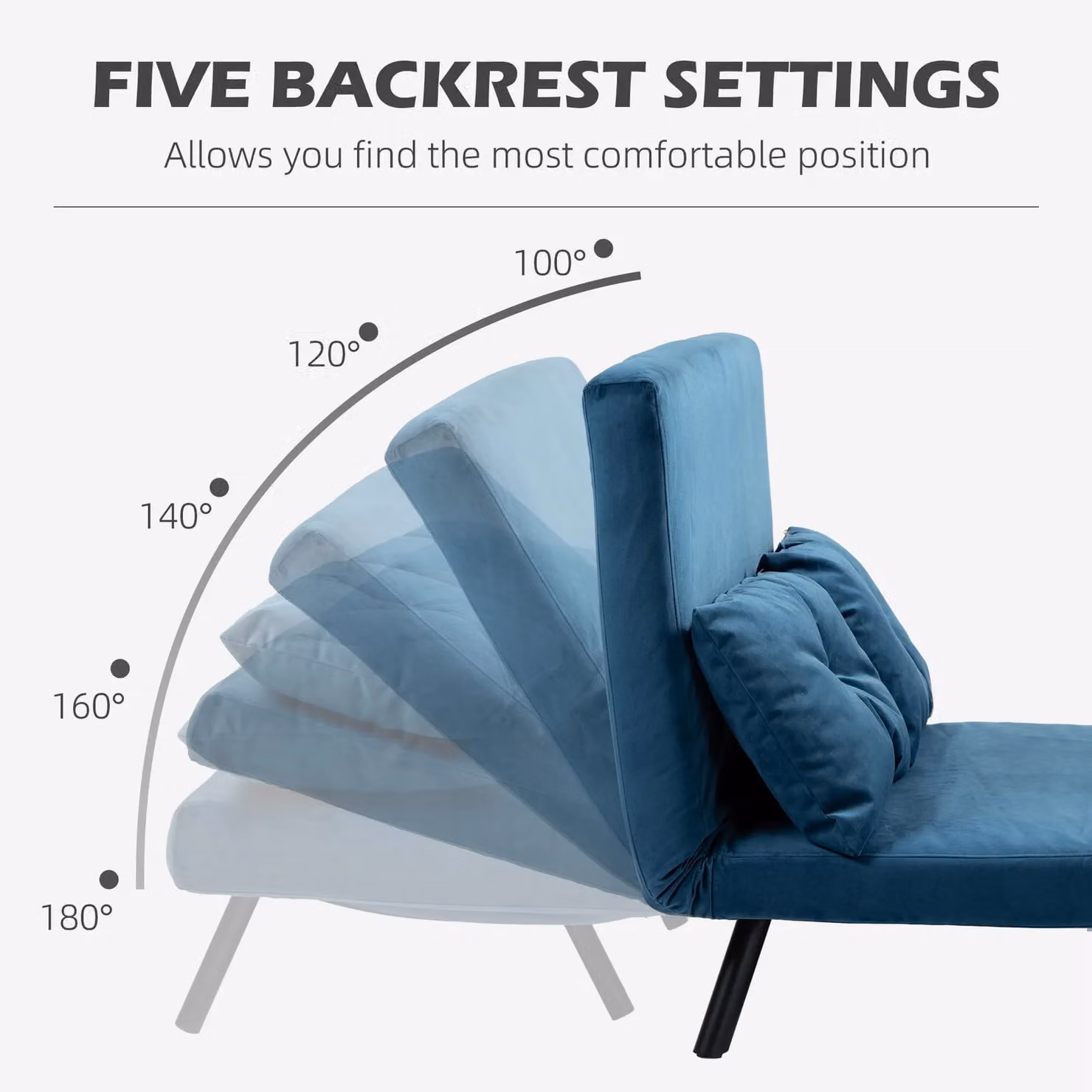 HOMCOM Blue Velvet Click Clack Bed Settee with Metal Frame and Foam Upholstery – 5