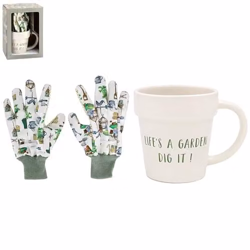 The Leonardo Collection Green Fingers Garden Gloves and Mug Set in Green, White and Multicolour