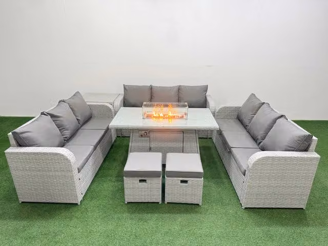 Fimous 11 Seater PE Rattan Outdoor Garden Furniture Set in Light Grey with Firepit Dining Table, 3 Seater Sofa, 2 Stools and Side Table