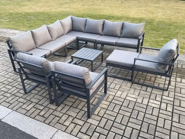 Fimous Dark Grey L-Shape Outdoor Garden Furniture Set with Powder Coated Aluminium Corner Sofa, Coffee Table and Ottoman