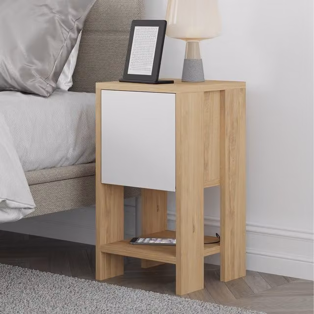 Decortie Ema Modern Bedside Table in Oak and White, W/D/H: 30.0 x 54.8 x 30.0 cm